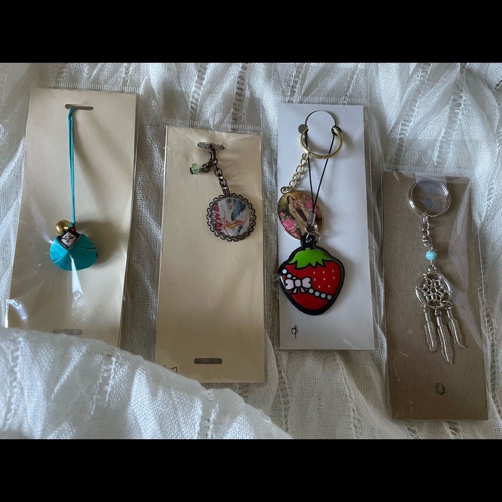 Blue Japanese face, Dream catcher, Hawaiian surf lady, religious, strawberry)